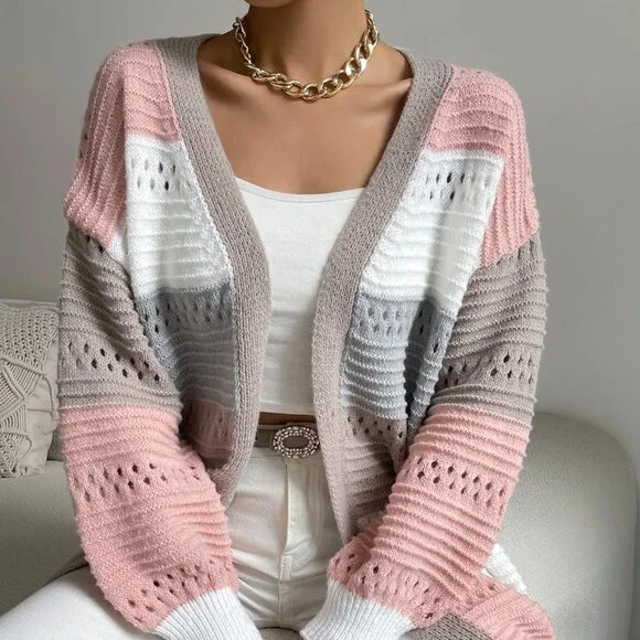 Multicolor Casual Womens Color Block Drop Shoulder Open Front Cardigan - Picture 5 of 5